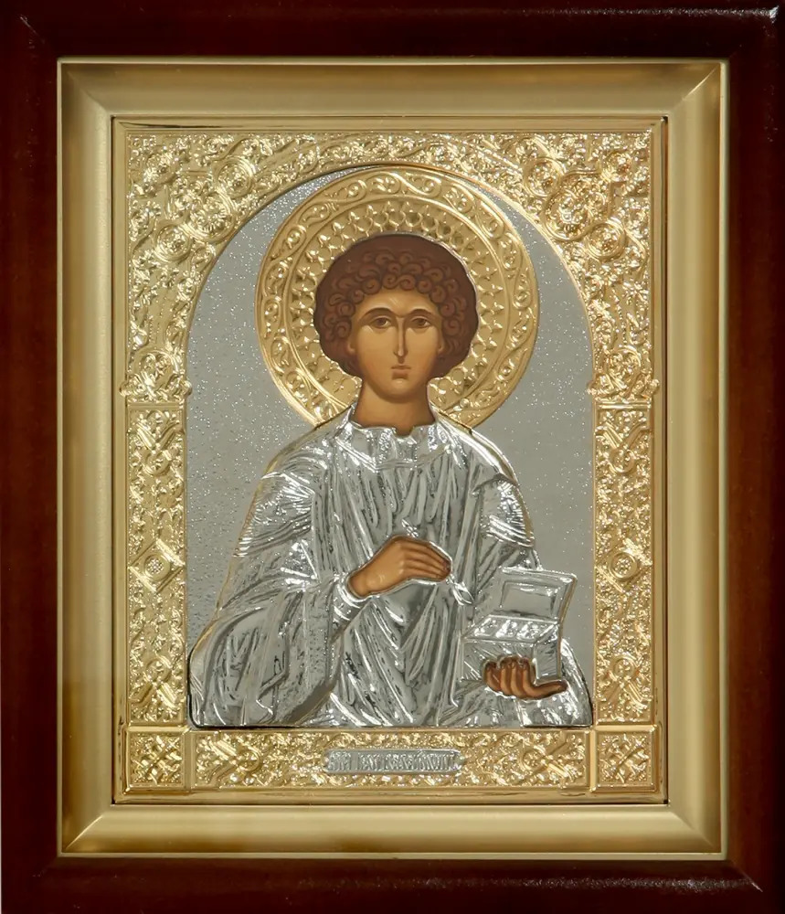 Icon in icon case 15×19 complex, tempera, 3D riza, nickel, gilding Panteleimon