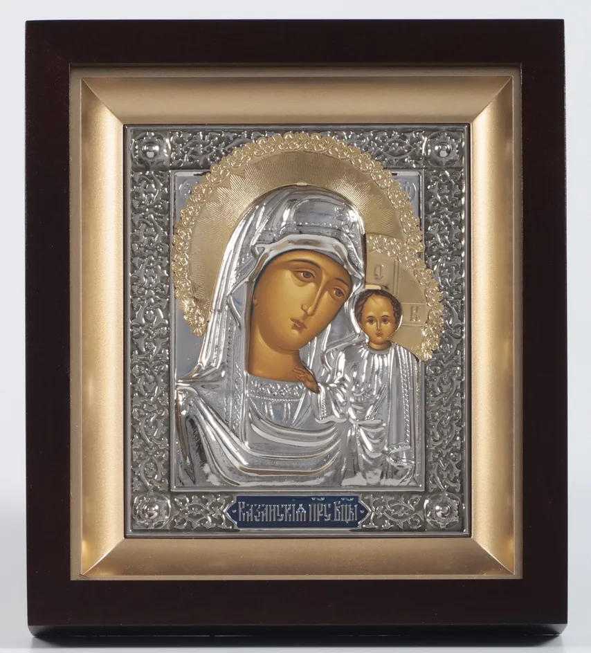 Icon in icon case 11×13 shaped №2 tempera, plastic stretcher, riza cover nickel, enamel, gilding Kazan Mother of God