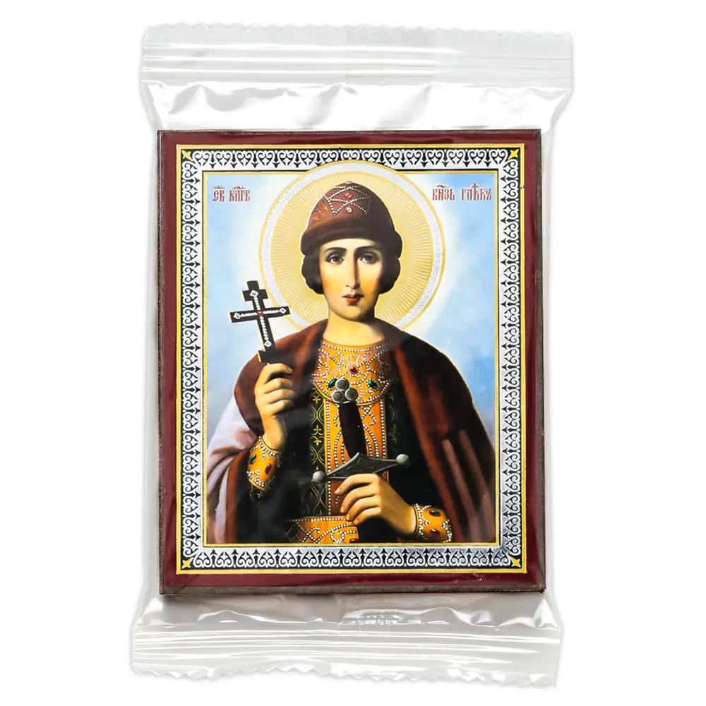 Icon on wooden panel 6×9 double embossing, annotation, packaging Gleb, Right-believing Prince 2