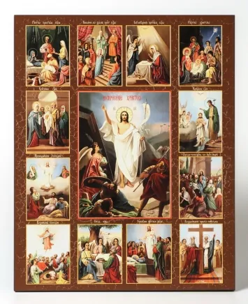 Icon on board 40×50 3D print, varnish Resurrection of Christ with Life scenes
