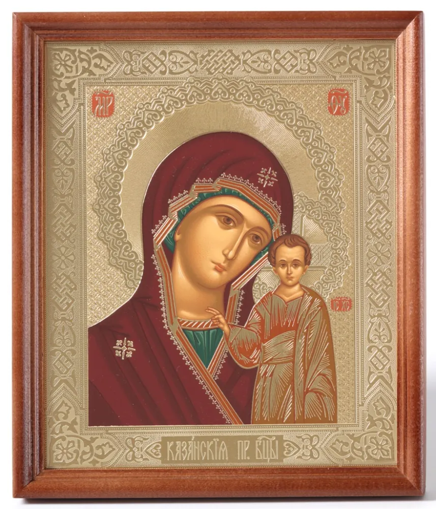 ხატი ხის ჩარჩოში №1 18×24 ტემპერა №5 ყაზანის ღვთისმშობელი (ყვითელი ფონი)