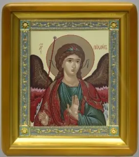 Икона в киоте 18х24 фигурный, темпера, рамка золочёная, эмаль Архангел Михаил