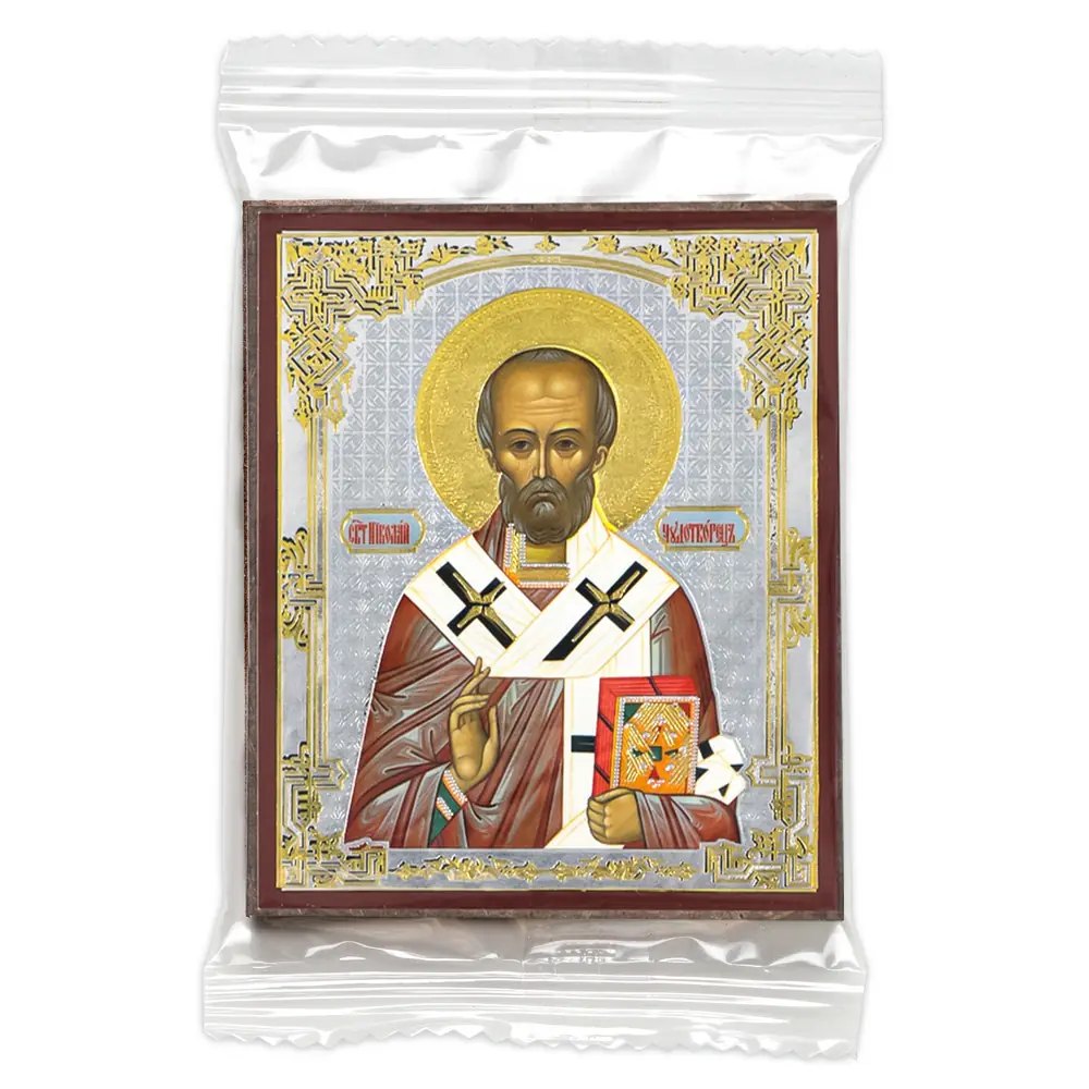 Icon on wooden panel 6×9 double embossing, annotation, packaging Nicholas the Wonderworker 4