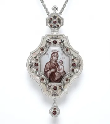 Panagia №200 / cubic zirconia mother-of-pearl silver Quick to Hearken Mother of God