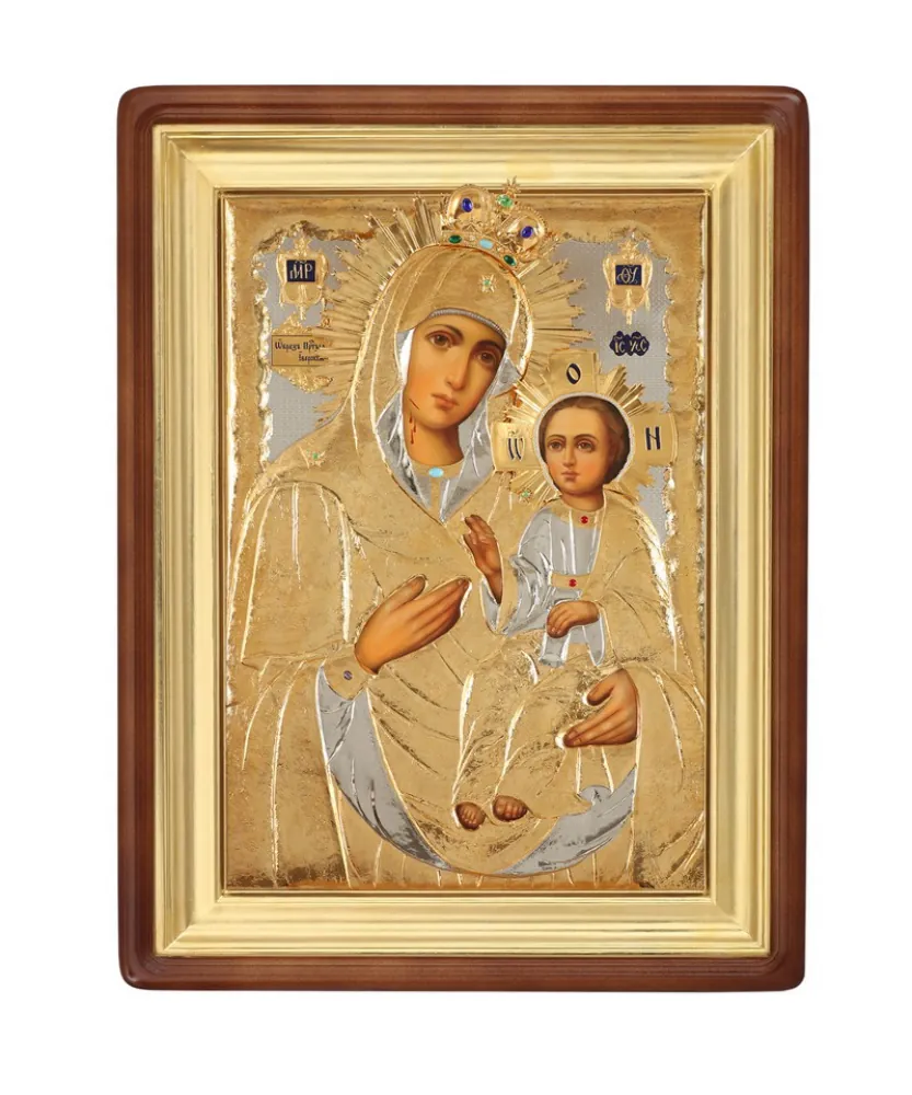 ფერწერული ხატი კიოტში 60×90 ზეთი, მოჭედილობა №143, სტრაზები, კიოტი №1 ივერიის ღვთისმშობელი