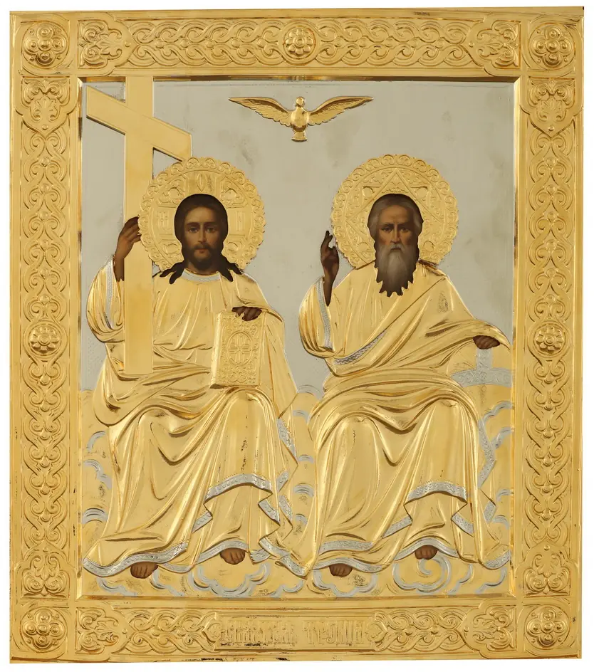 Painted icon of the Holy Trinity 30×40, oil, riza cover №22, gilding