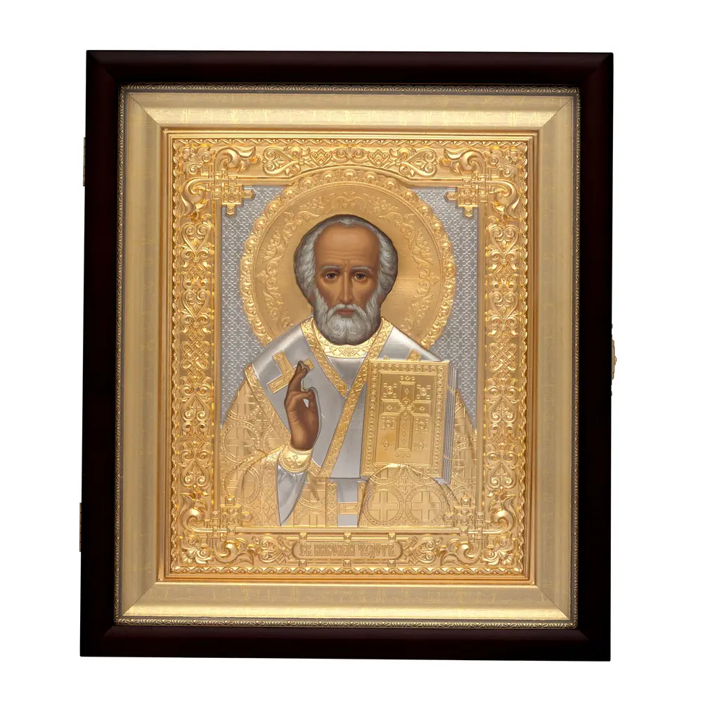 ფერწერული ხატი კიოტში 18×24 ტემპერა, მოჭედილობა №243-1 ნაწილობრივი / მოოქროვილი, ბაგეტის ქვეჩარჩო ნიკოლოზ საკვირველთმოქმედი