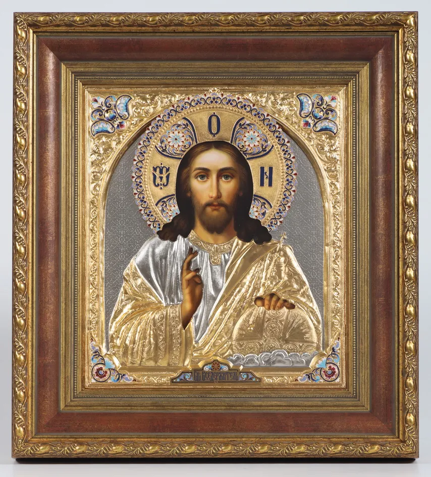 ფერწერული ხატი კიოტში 30×40 ზეთი, მოჭედილობა №33, მქრქალი მოოქროვება, მინანქარი, კიოტი №22 მაცხოვარი