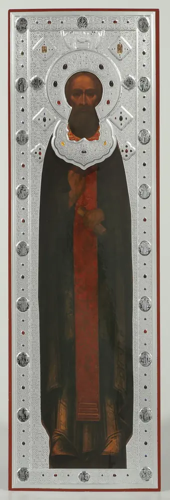 Icon on wooden panel 14×45 blind embossing, chipboard, PVC, packaging Sergius of Radonezh 2