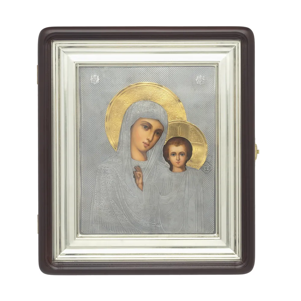 ფერწერული ხატი კიოტში 18×24 ზეთი, მოჭედილობა №14, გაშავებული მოვერცხლვა, კიოტი №1 ყაზანის ღვთისმშობელი
