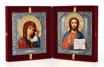 Painted folding icons in case 24×30 oil, riza covers №1, №24 open, niello silver plating, enamel (velvet) Saviour-Kazan Mother of God