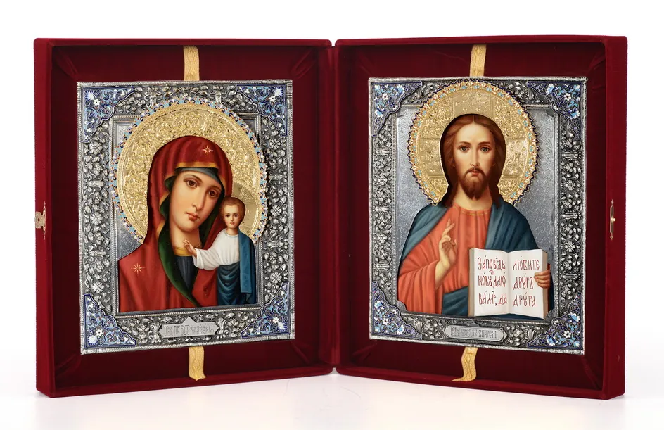 Painted folding icons in case 24×30 oil, riza covers №1, №24 open, niello silver plating, enamel (velvet) Saviour-Kazan Mother of God