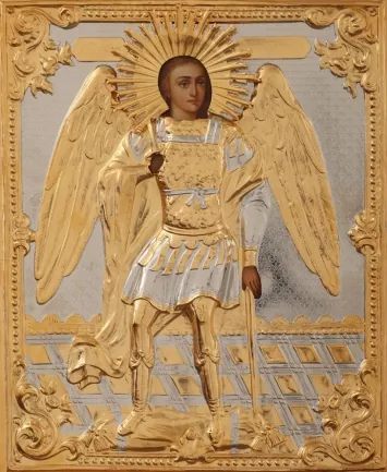 Painted icon Archangel Michael 24×30, oil, riza cover №47, gilding