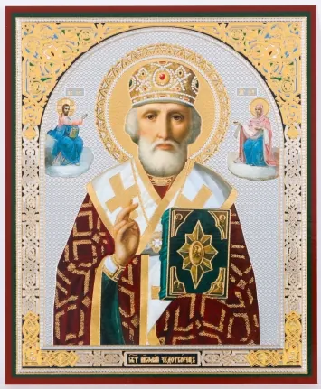 Icon on hardboard №1 6×9 double embossing, annotation Nicholas the Wonderworker with attendant saints