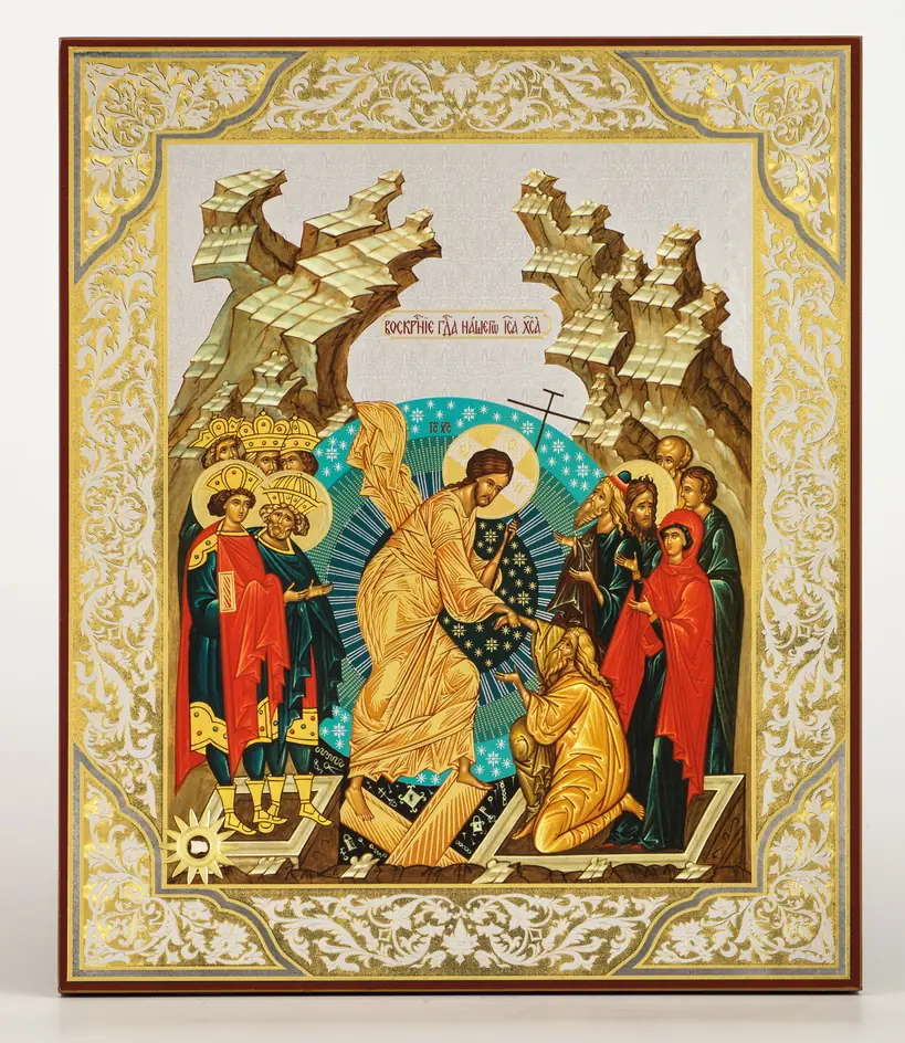 Icon on wooden panel 30×40 double embossing, chipboard, PVC, Resurrection of Christ