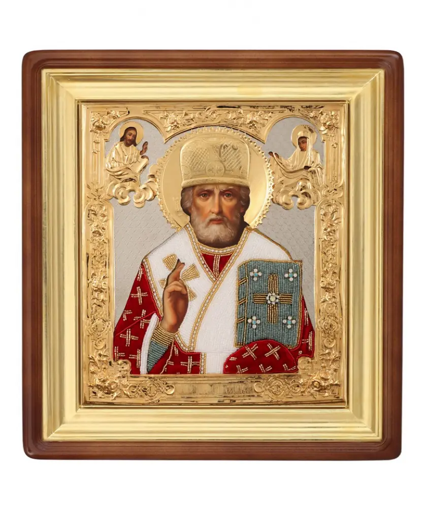 ფერწერული ხატი კიოტში 24×30 ზეთი, მოჭედილობა №111, მარგალიტი, კიოტი №1 ნიკოლოზ საკვირველთმოქმედი
