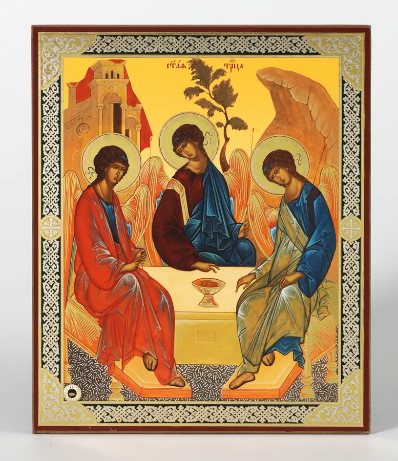 Icon on wooden panel 18×24 double embossing, chipboard, PVC, packaging Trinity (Rublev)