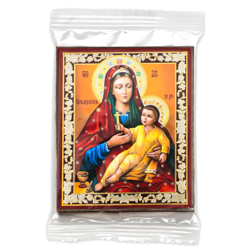 Icon on wooden panel 6×9 double embossing, annotation, packaging Kozelshchina Mother of God