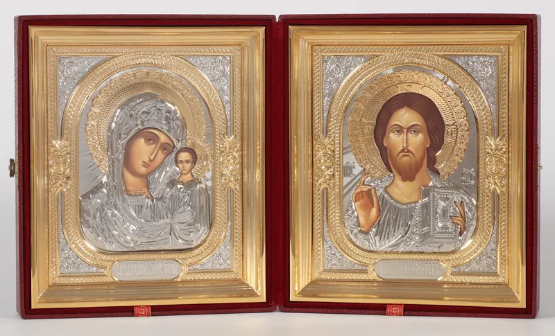 Wedding icon №5 in metal riza-icon case tempera gilding Saviour-Kazan Mother of God
