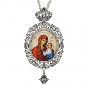 Panagia №208 / cubic zirconia decal / silver plating / Kazan Mother of God