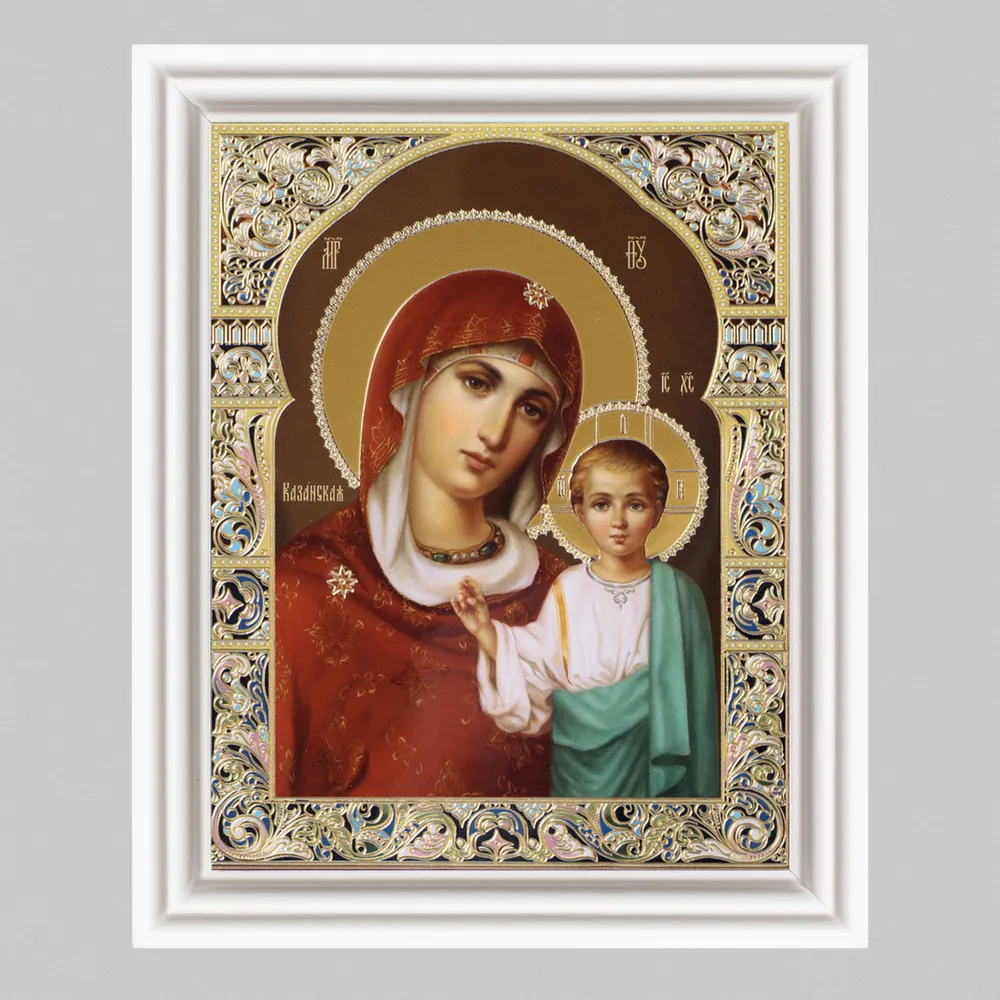 Icon in wooden frame №3 11×13 (white) double embossing Kazan Mother of God 38