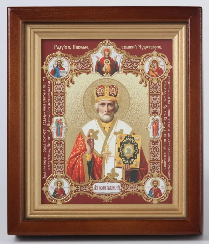 ხატი კიოტში 13×18 რთული, რელიეფური ტვიფრი, ფირი ნიკოლოზ საკვირველთმოქმედი ცხოვრების სცენებით