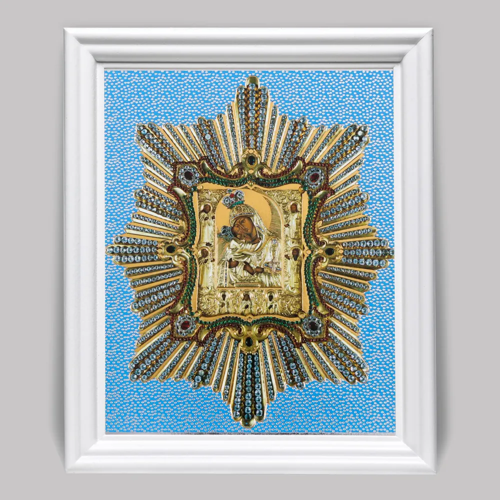 Icon in wooden frame №3 11×13 (white) double embossing Pochaev Mother of God