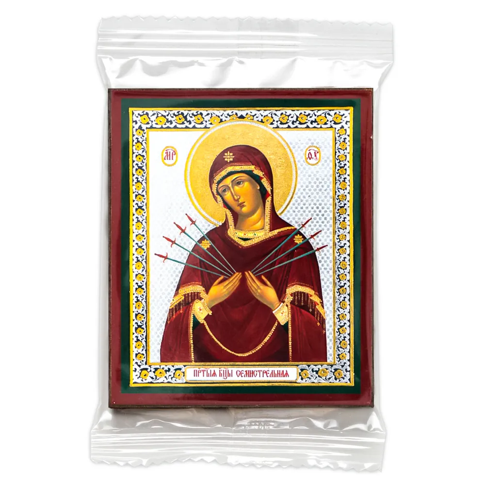 Icon on wooden panel 6×9 double embossing, annotation, packaging Seven Arrows Mother of God