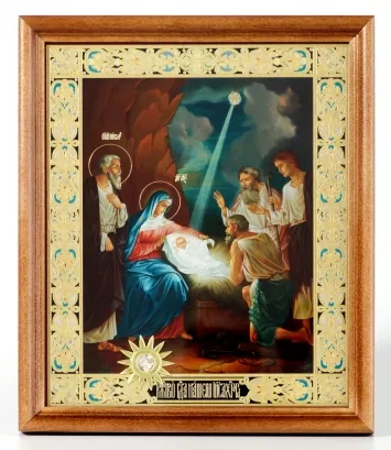 Икона в деревянной рамке №1 18х24 двойное тиснение, БЗГ, мощевик-звезда, упаковка Рождество Христово