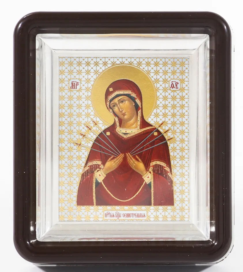 Icon in plastic frame 6×7 metallised Seven Arrows Mother of God