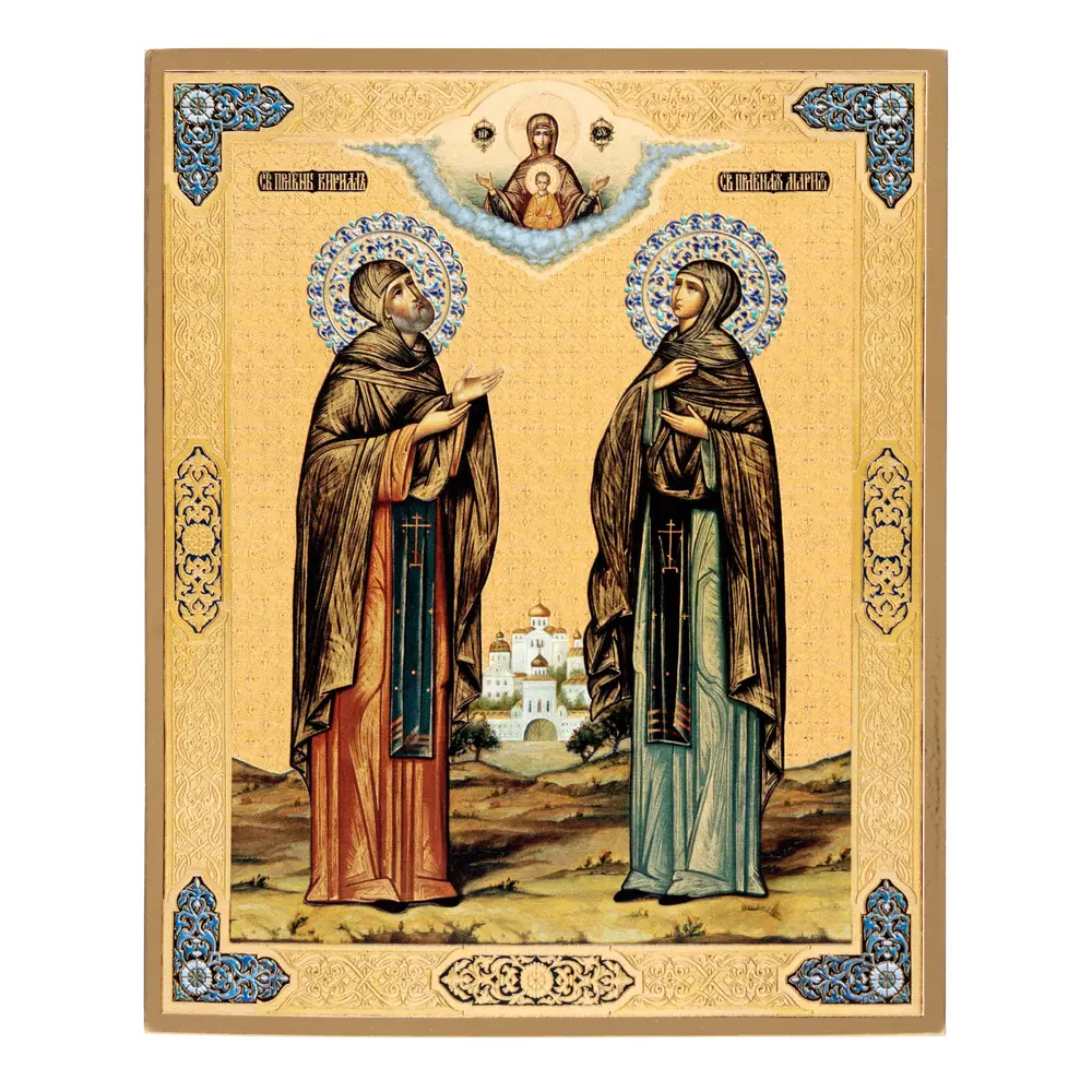 Icon on board 18×24 gilded finish, 3D print, varnish Cyril and Mary 1
