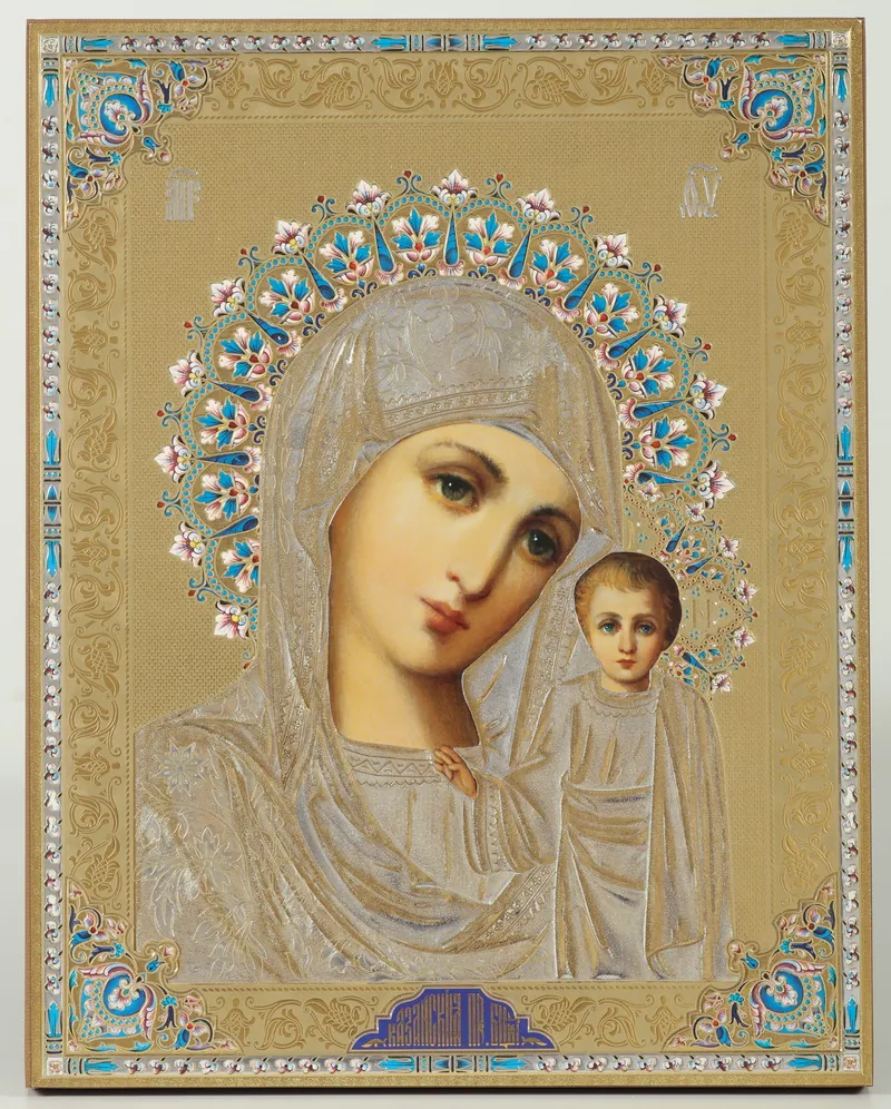 Icon on wooden panel 21×32 chipboard blind embossing, packaging Kazan Mother of God