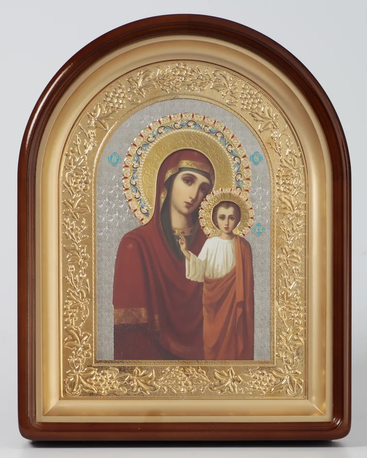 Icon in icon case 24×30 complex, arched, photo, 3D riza, open, gilding, enamel Kazan Mother of God
