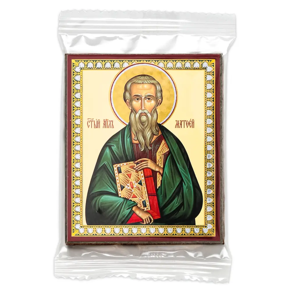 Icon on wooden panel 6×9 double embossing, annotation, packaging Matthew