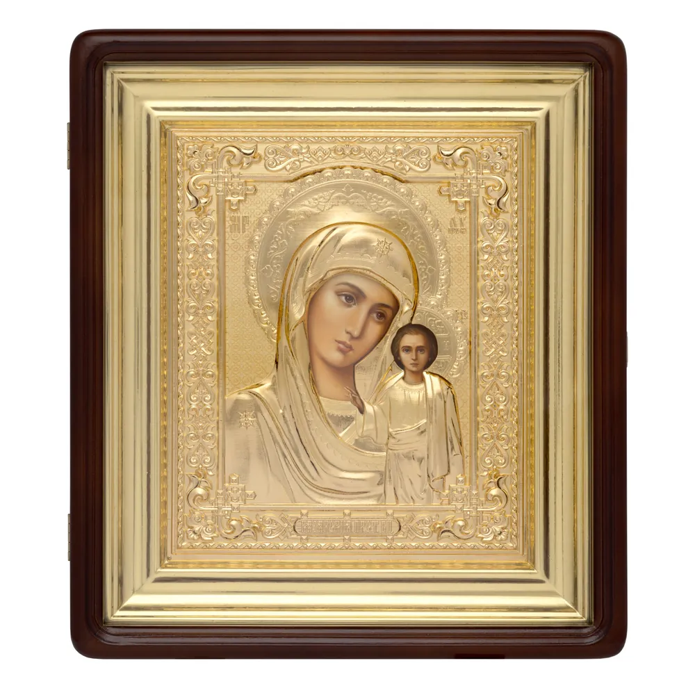 ფერწერული ხატი კიოტში 18×24 ზეთი, მოჭედილობა №241, მქრქალი პრიალა მოოქროვება, კიოტი №1 ყაზანის ღვთისმშობელი