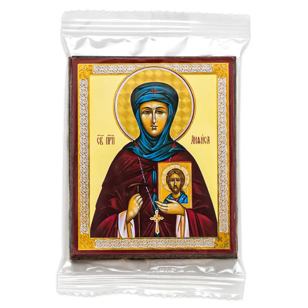 Icon on wooden panel 6×9 double embossing, annotation, packaging Anfisa