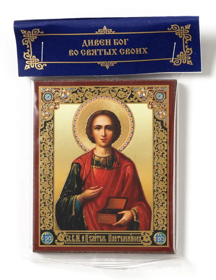 Icon on wooden panel 6×9 embossing, annotation, packaging Panteleimon