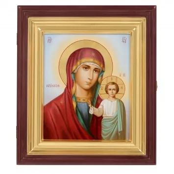 Painted icon on board in icon case 18×24 oil, gilded halo, icon case №1 Kazan Mother of God, 05615