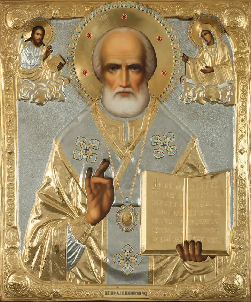Painted icon of St Nicholas the Wonderworker 100×120, oil, riza cover №167, gilding, enamel, stones