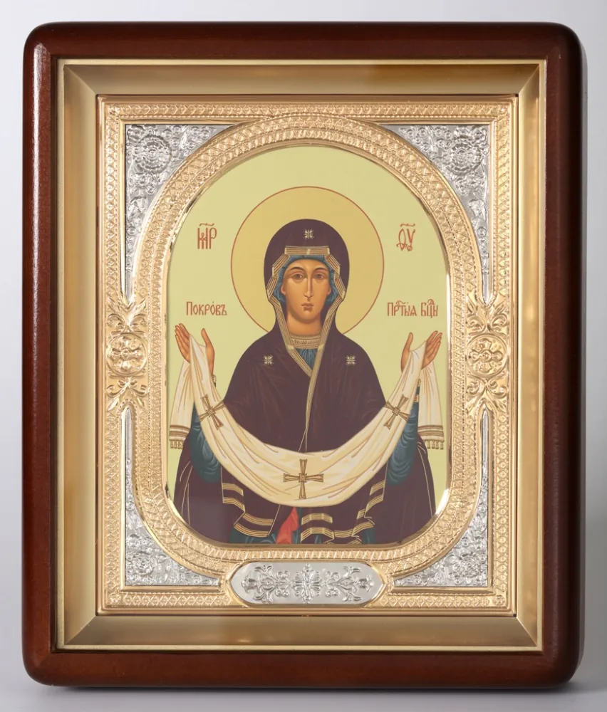 Icon in icon case 18×24 shaped, tempera, 3D riza frame, open, gilded, nickel plating Protection