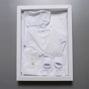 Baptismal set for a girl (dress with train, headscarf-cap, booties, swaddling cloth with hood, kerchief-cape) in gift box white