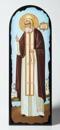 Icon on MDF 18×50 arched, 3D print, varnish Seraphim of Sarov (light-blue background)