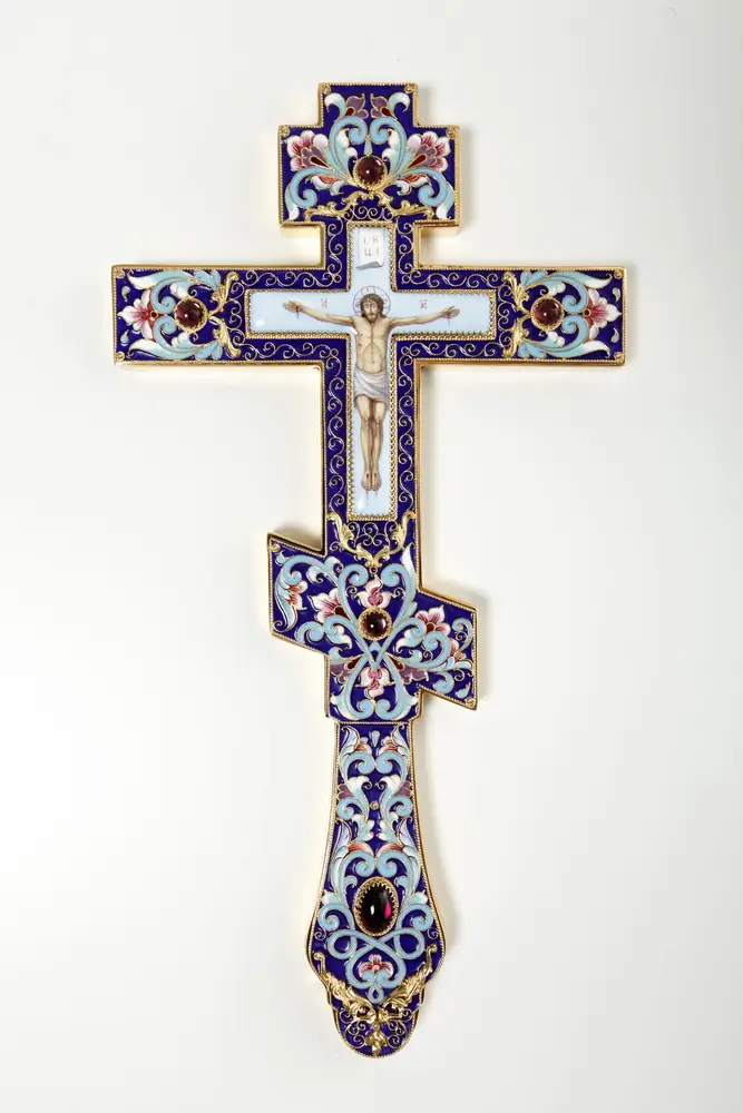 Altar cross filigree, enamel, painting, enamel miniature / gilding