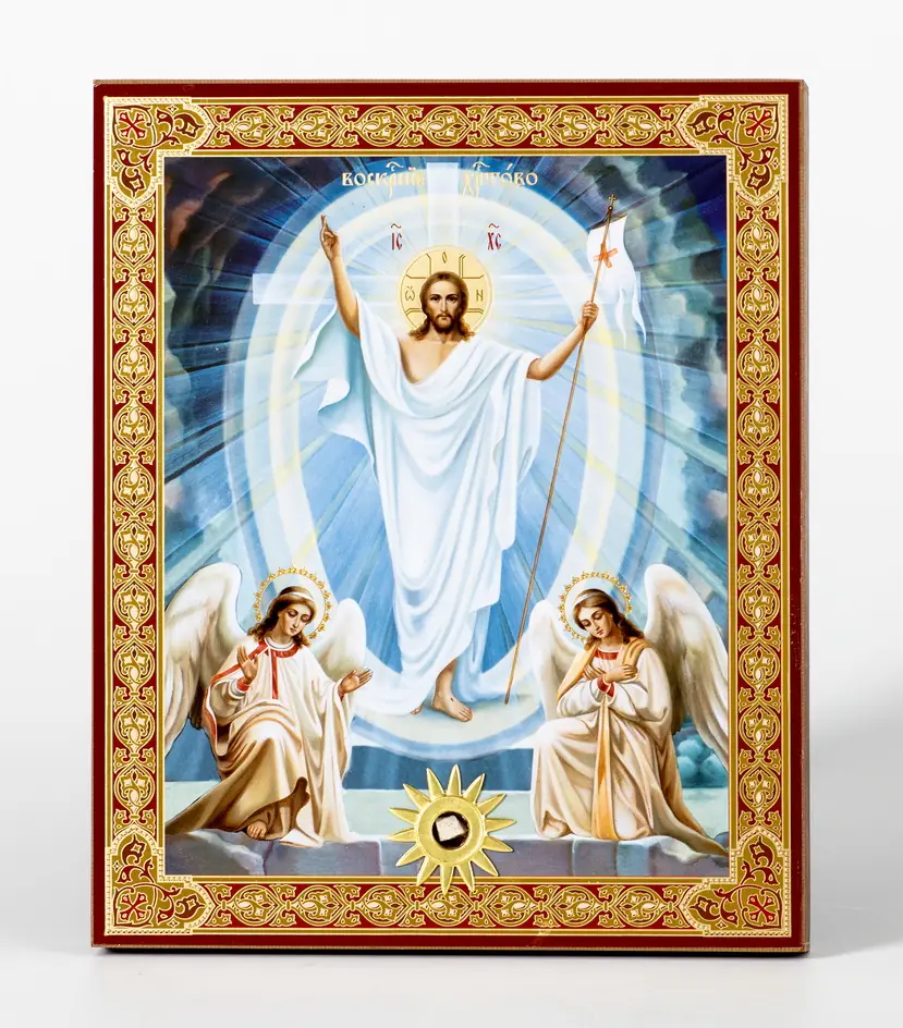 ხატი ხის დაფაზე 18×24 ორმაგი ტვიფრი, დსპ, PVC, შეფუთვა ქრისტეს აღდგომა 25