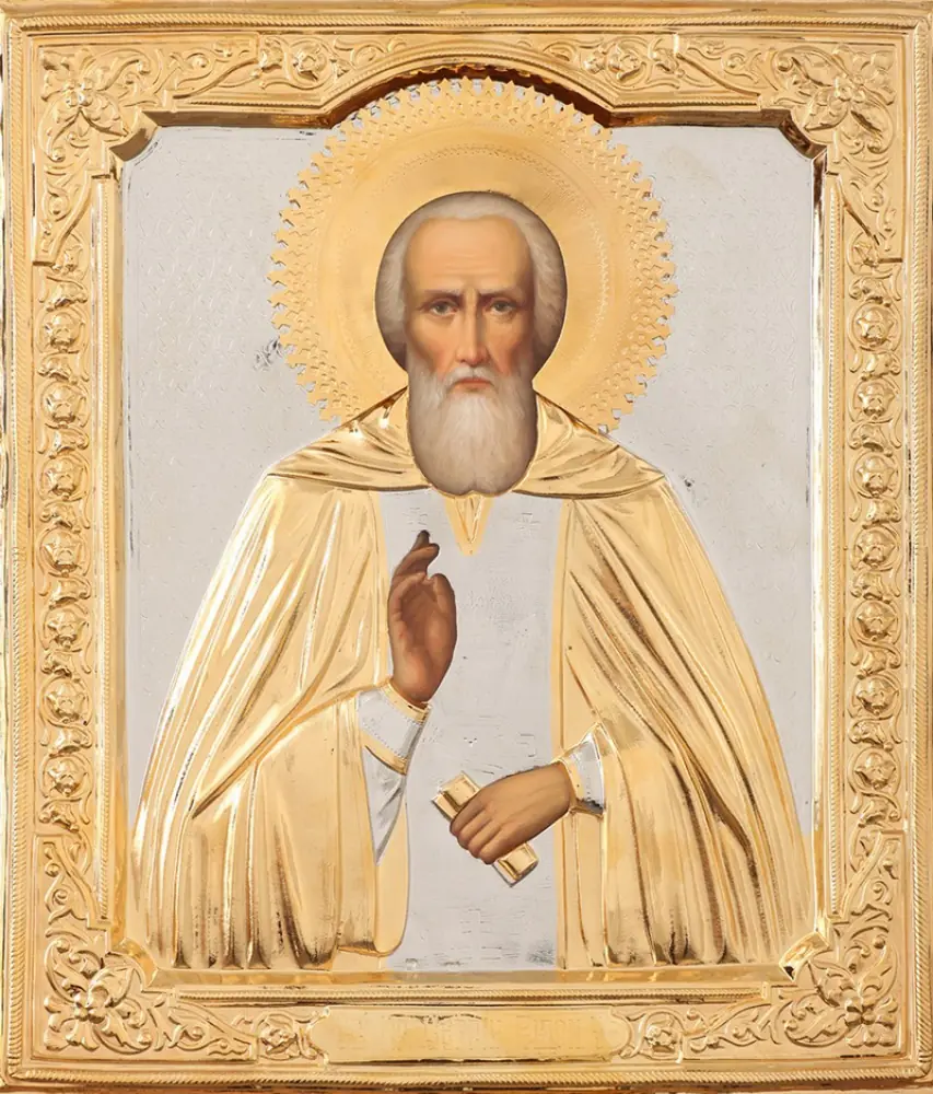 Painted icon of St Sergius of Radonezh 24×30, oil, riza cover №191, gilding