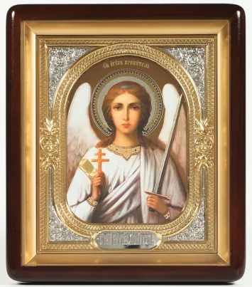 Icon in icon case 18×24 shaped, double embossing, riza frame partly gilded Guardian Angel (half-length) №4