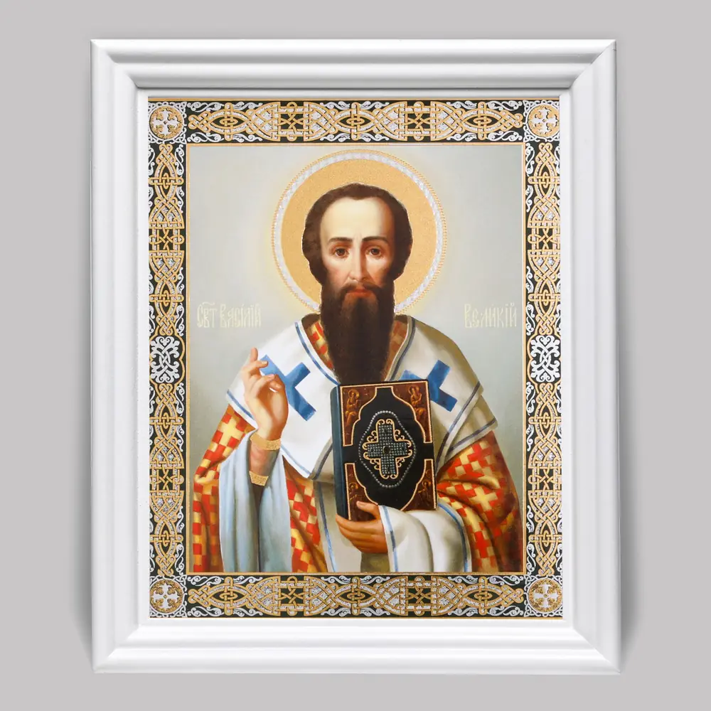 Icon in wooden frame №3 11×13 (white) double embossing Basil the Great