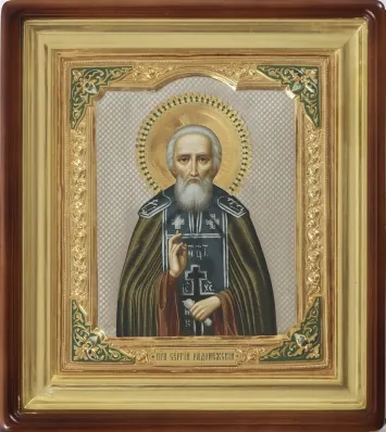 Painted icon in icon case 24×30 tempera, riza cover №238, enamel, icon case №1 Sergius of Radonezh