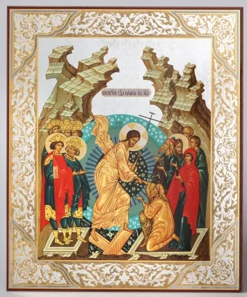 Icon on wooden panel 30×40 double embossing, chipboard, PVC Resurrection of Christ