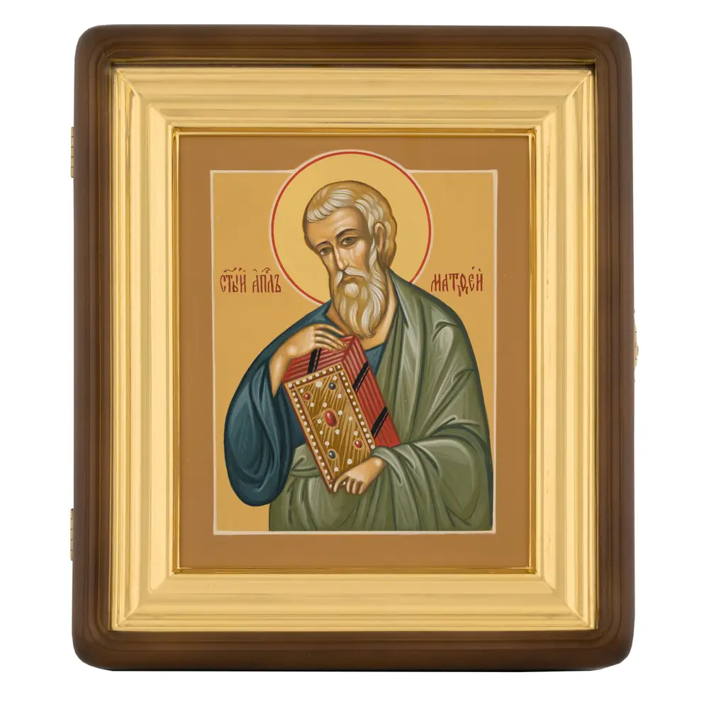 Painted icon on board in icon case 18×24 tempera, gilded halo, recessed field, icon case №1 Apostle Matthew, 01124